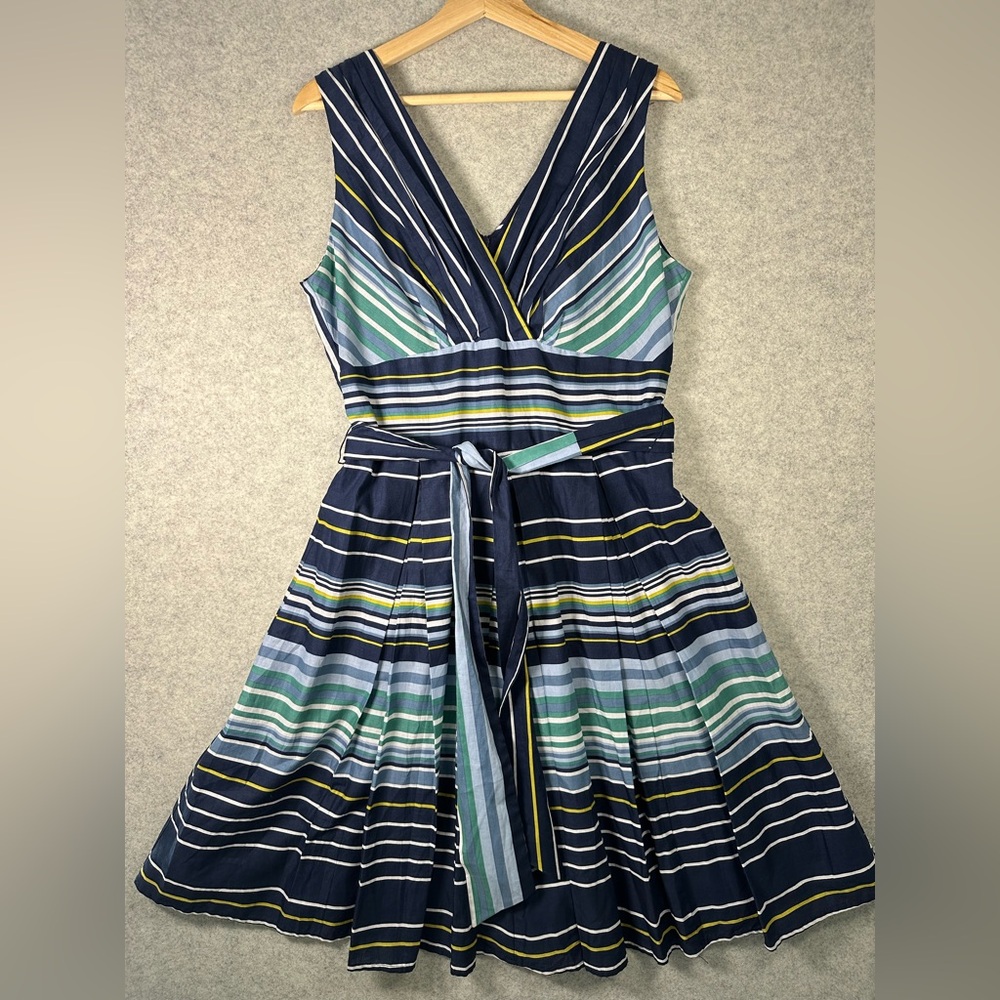 Rabbit Pleated Sleeveless Summer Cotton Midi Dress Navy Striped V-Neck A-line 14